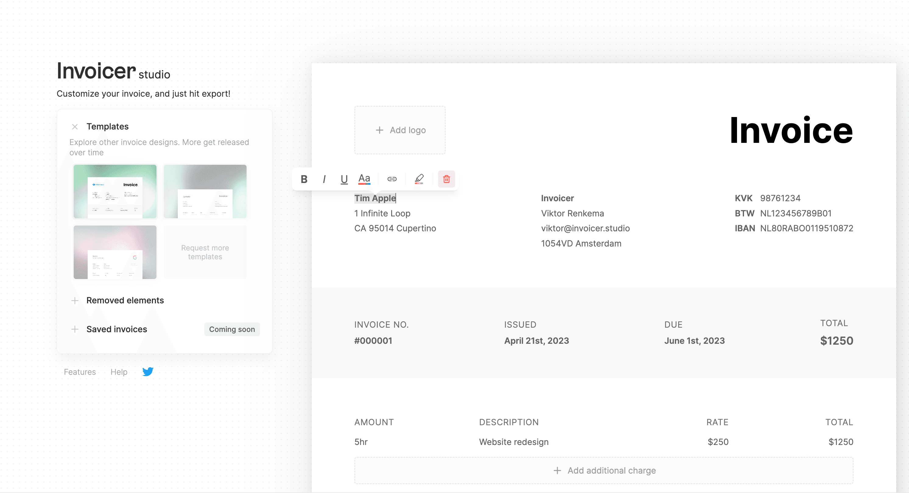 A screenshot of invoicer.studio, my invoice generator project